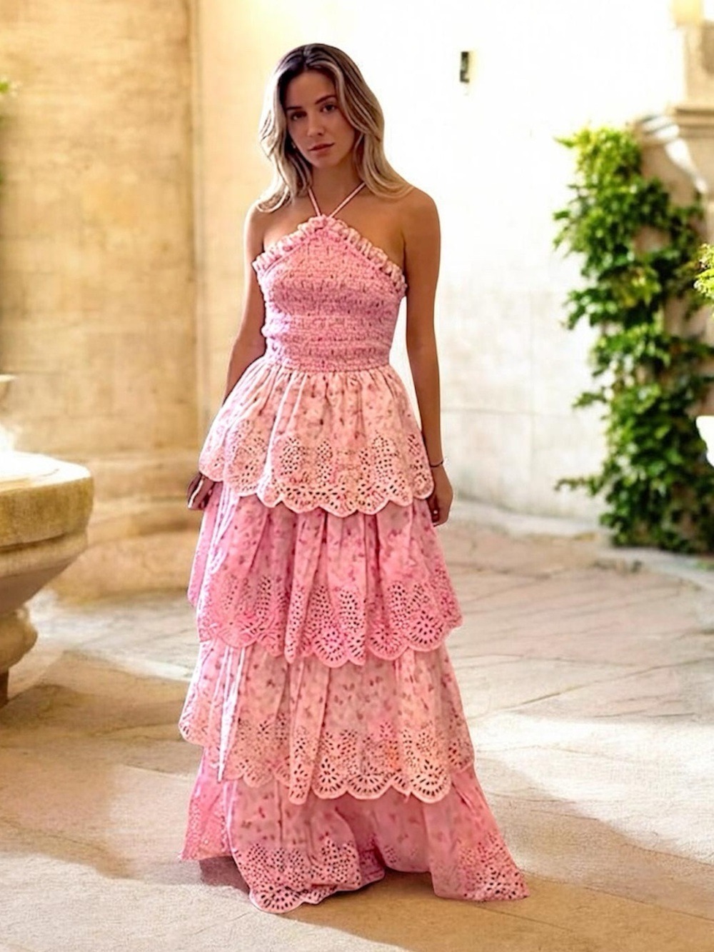 Amy Jane London Pink Floral Smocked Eyelet Tiered Maxi Dress Cotton Sz L Fairy